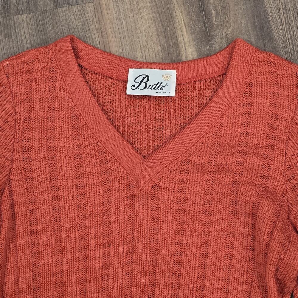 60s 70s Orange Long Sleeve Waffle Knit Dress Vintage‎ Midi Soft Belted V Neck - Picture 9 of 10